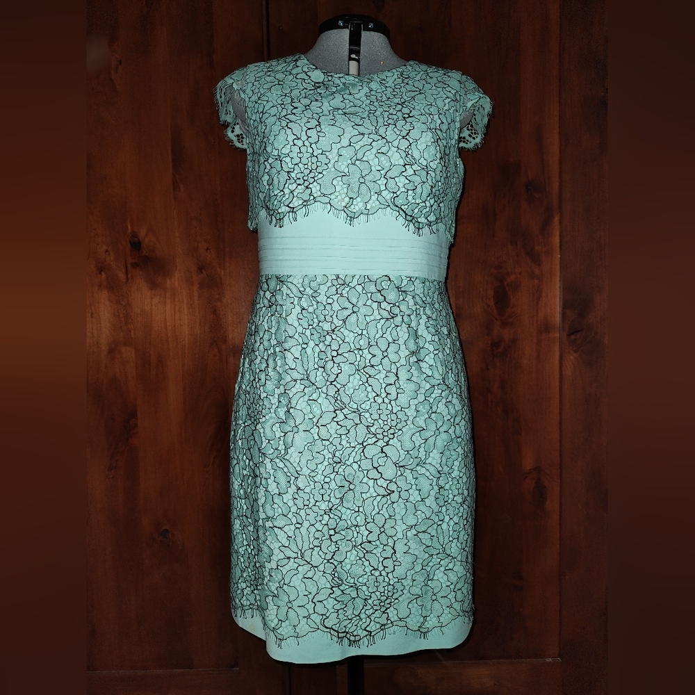 Antonio Melani Mint Green Midi Dress With Black Lace Overlay Size 10